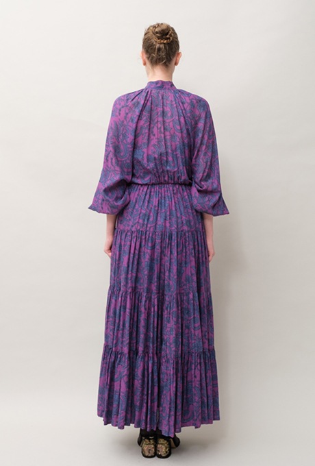 Botanical Print Cotton Rayon Bow Long Dress 