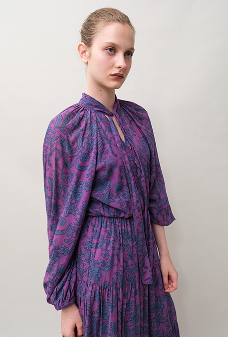 Botanical Print Cotton Rayon Bow Long Dress 