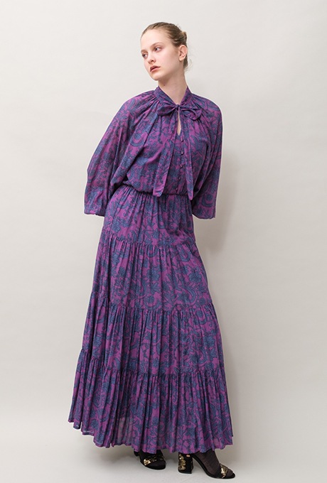 Botanical Print Cotton Rayon Bow Long Dress 