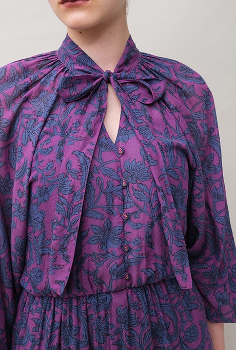 Botanical Print Cotton Rayon Bow Long Dress 