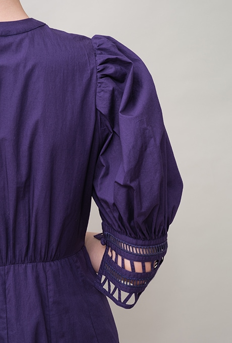 Cotton Ladder Lace Puff Sleeve Flare Long Dress