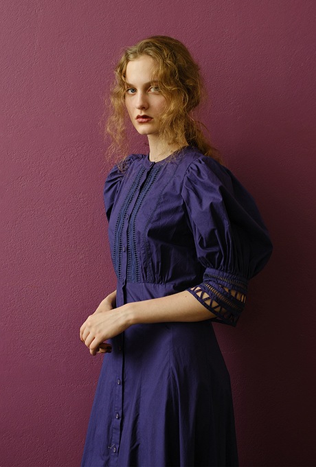 Cotton Ladder Lace Puff Sleeve Flare Long Dress