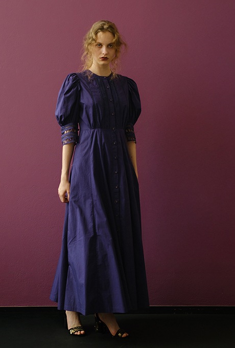Cotton Ladder Lace Puff Sleeve Flare Long Dress