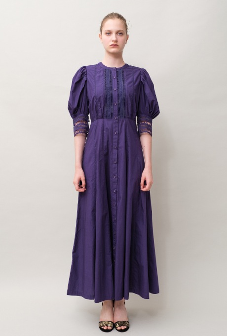 Cotton Ladder Lace Puff Sleeve Flare Long Dress