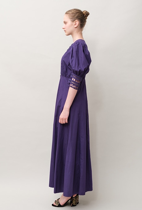 Cotton Ladder Lace Puff Sleeve Flare Long Dress
