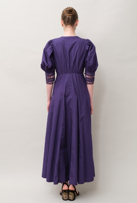 Cotton Ladder Lace Puff Sleeve Flare Long Dress