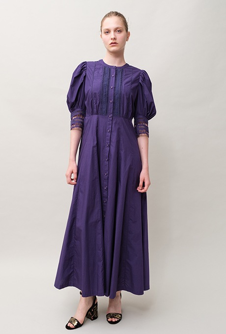 Cotton Ladder Lace Puff Sleeve Flare Long Dress