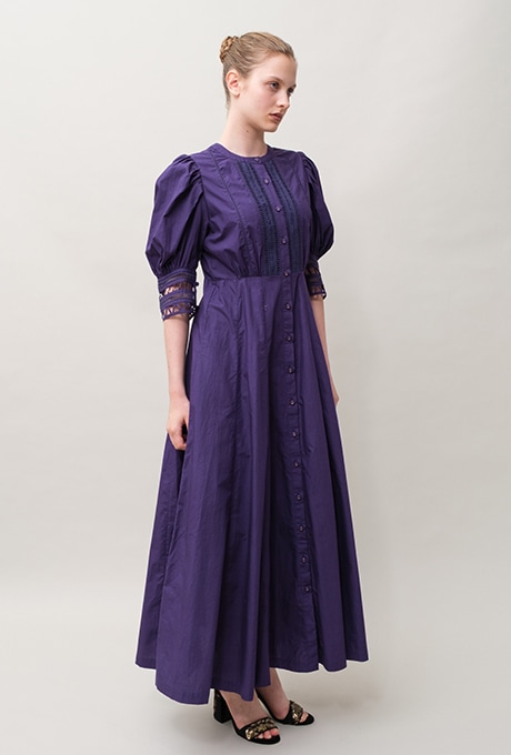 Cotton Ladder Lace Puff Sleeve Flare Long Dress