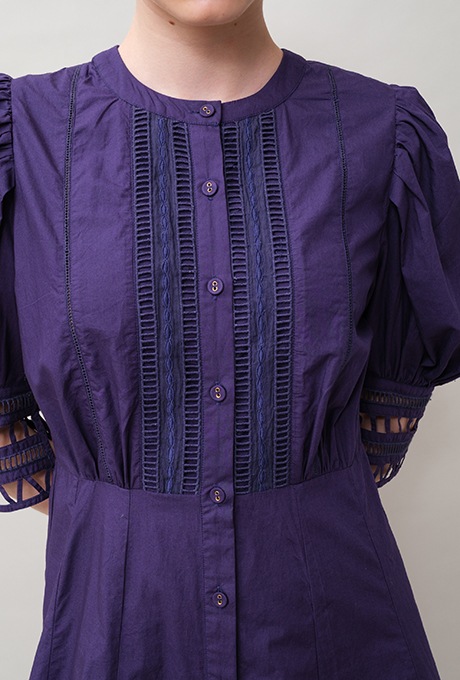 Cotton Ladder Lace Puff Sleeve Flare Long Dress