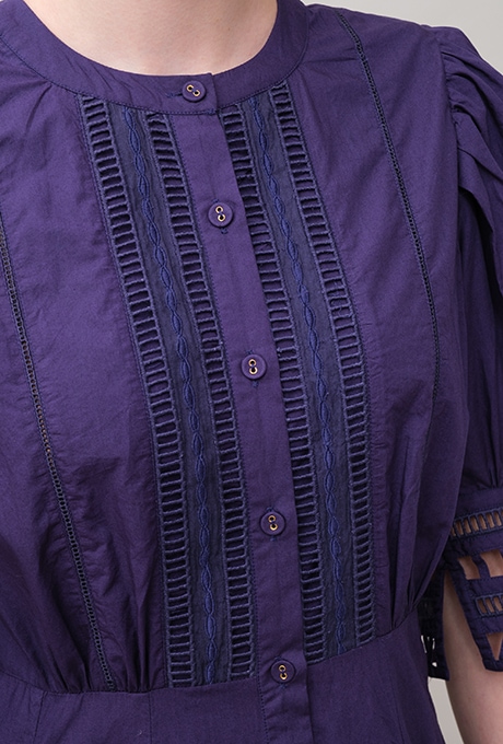 Cotton Ladder Lace Puff Sleeve Flare Long Dress