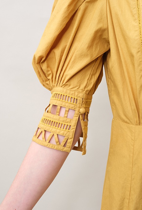 Cotton Ladder Lace Puff Sleeve Flare Long Dress