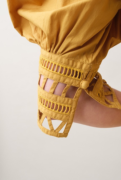 Cotton Ladder Lace Puff Sleeve Flare Long Dress