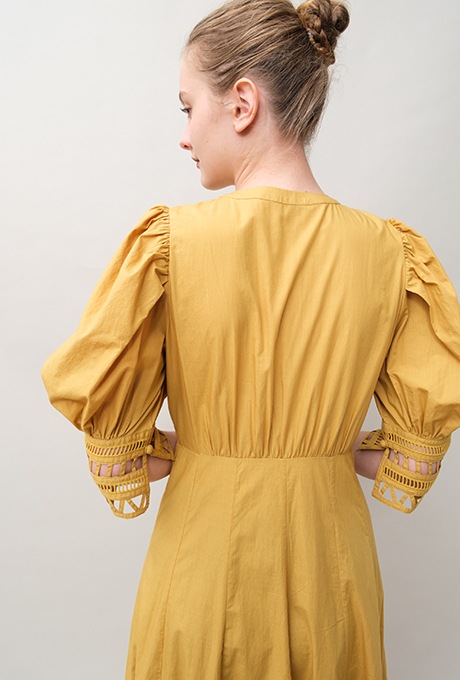 Cotton Ladder Lace Puff Sleeve Flare Long Dress