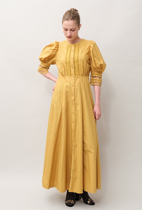 Cotton Ladder Lace Puff Sleeve Flare Long Dress