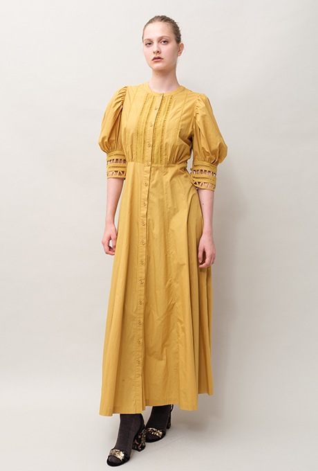 Cotton Ladder Lace Puff Sleeve Flare Long Dress