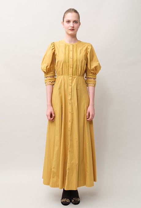 Cotton Ladder Lace Puff Sleeve Flare Long Dress