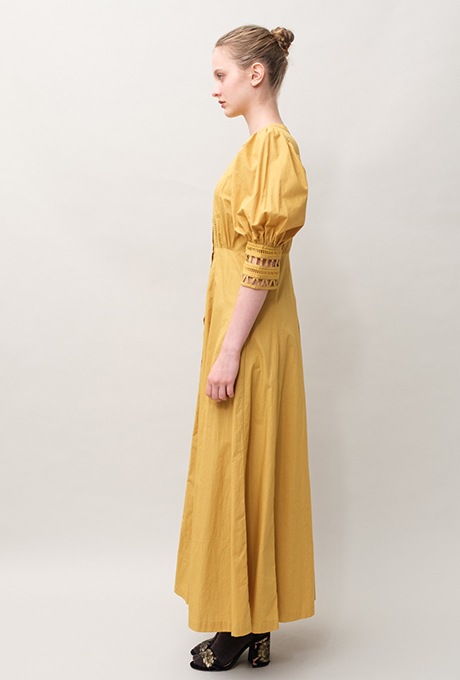 Cotton Ladder Lace Puff Sleeve Flare Long Dress