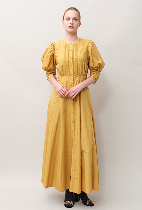 Cotton Ladder Lace Puff Sleeve Flare Long Dress