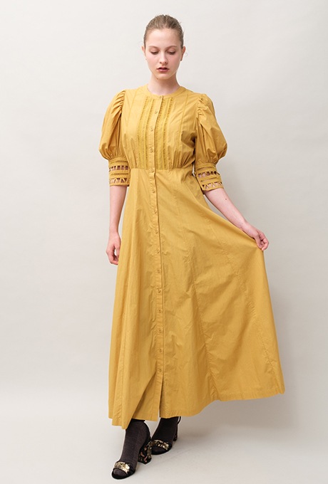 Cotton Ladder Lace Puff Sleeve Flare Long Dress