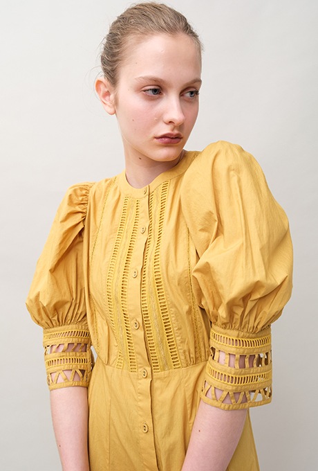 Cotton Ladder Lace Puff Sleeve Flare Long Dress