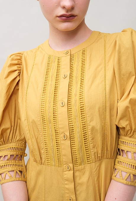 Cotton Ladder Lace Puff Sleeve Flare Long Dress