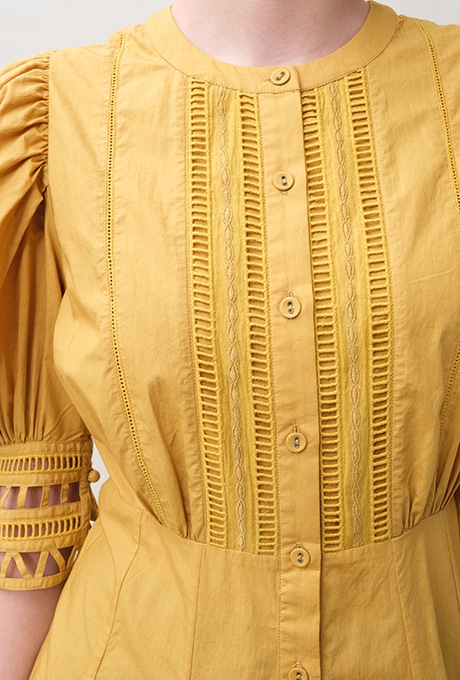 Cotton Ladder Lace Puff Sleeve Flare Long Dress