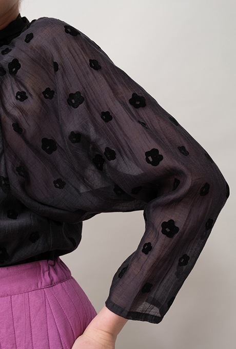 Cotton Silk Flock Print Quilting Flare Middle Dress  