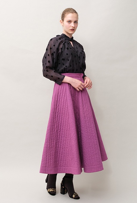 Cotton Silk Flock Print Quilting Flare Middle Dress  