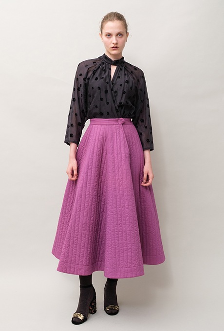 Cotton Silk Flock Print Quilting Flare Middle Dress  