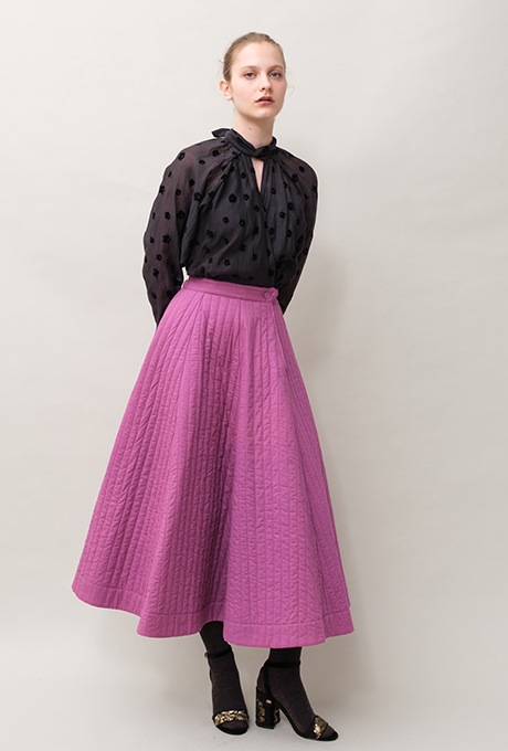 Cotton Silk Flock Print Quilting Flare Middle Dress  