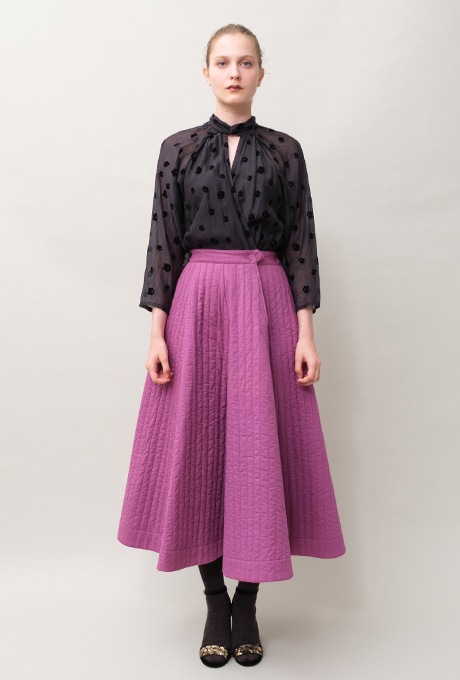 Cotton Silk Flock Print Quilting Flare Middle Dress  