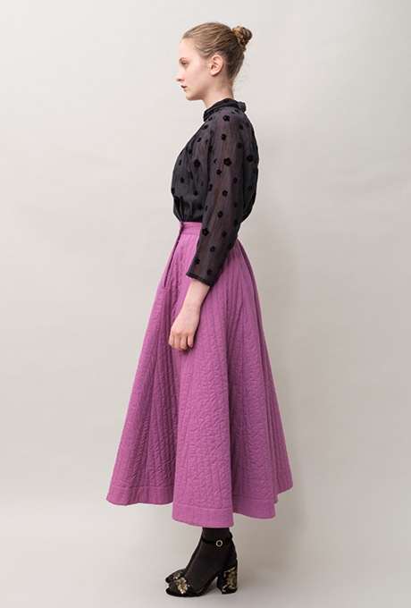 Cotton Silk Flock Print Quilting Flare Middle Dress  