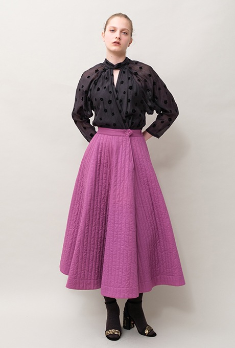 Cotton Silk Flock Print Quilting Flare Middle Dress  