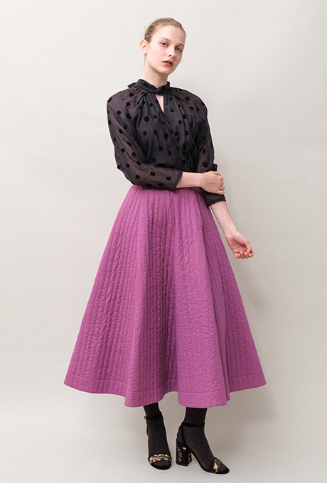 Cotton Silk Flock Print Quilting Flare Middle Dress  