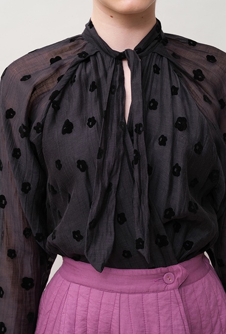 Cotton Silk Flock Print Quilting Flare Middle Dress  