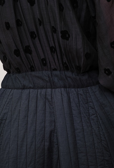 Cotton Silk Flock Print Quilting Flare Middle Dress  