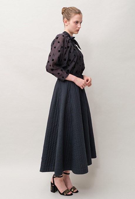 Cotton Silk Flock Print Quilting Flare Middle Dress  