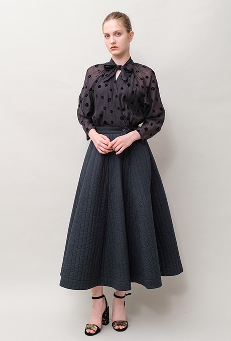 Cotton Silk Flock Print Quilting Flare Middle Dress  