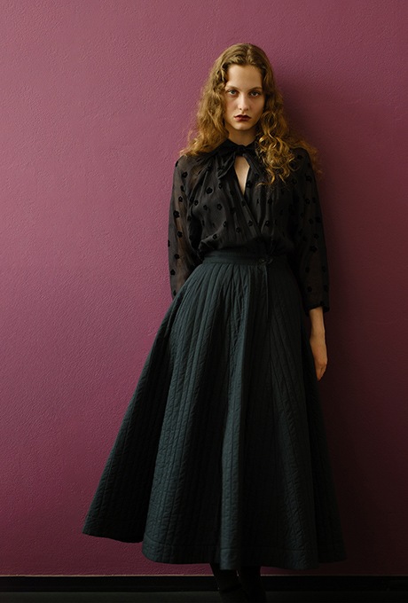 Cotton Silk Flock Print Quilting Flare Middle Dress  