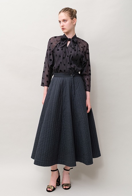 Cotton Silk Flock Print Quilting Flare Middle Dress  