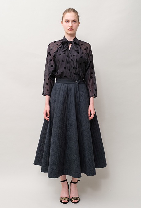 Cotton Silk Flock Print Quilting Flare Middle Dress  