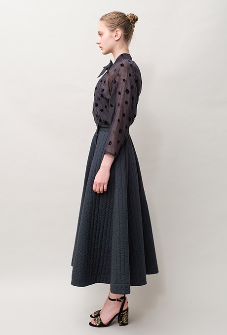 Cotton Silk Flock Print Quilting Flare Middle Dress  