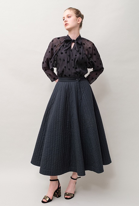 Cotton Silk Flock Print Quilting Flare Middle Dress  