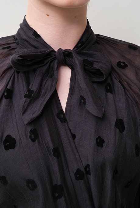 Cotton Silk Flock Print Quilting Flare Middle Dress  