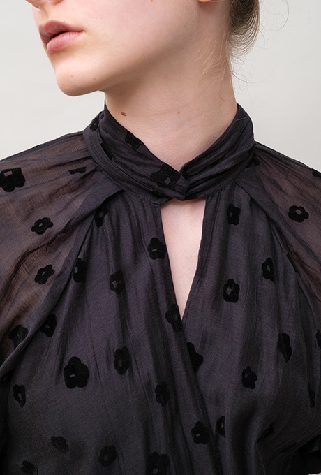 Cotton Silk Flock Print Quilting Flare Middle Dress  