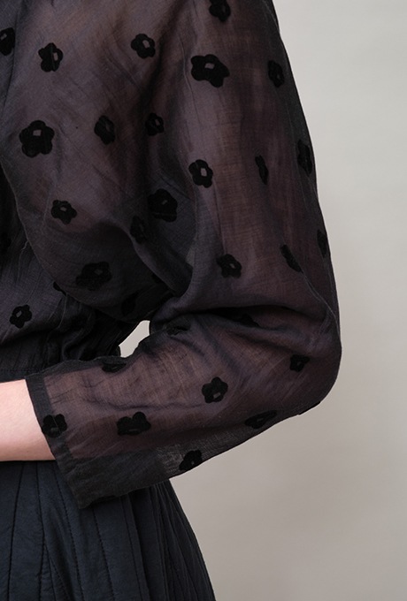 Cotton Silk Flock Print Quilting Flare Middle Dress  