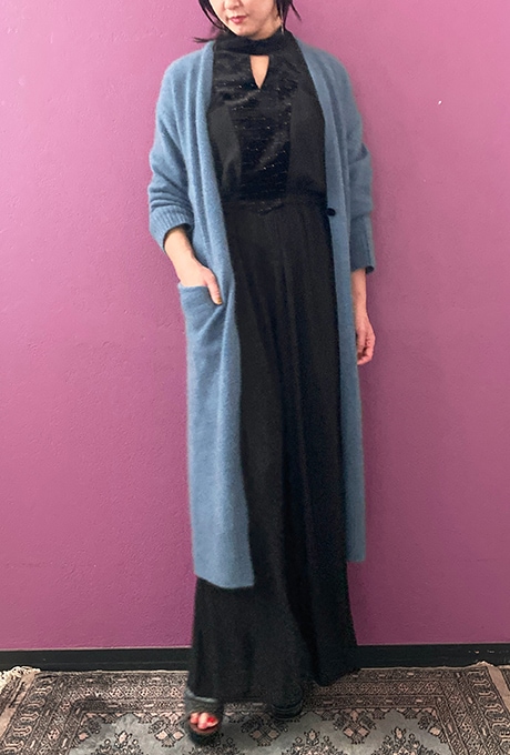 Wool Long Knit Gown Velvet Button
