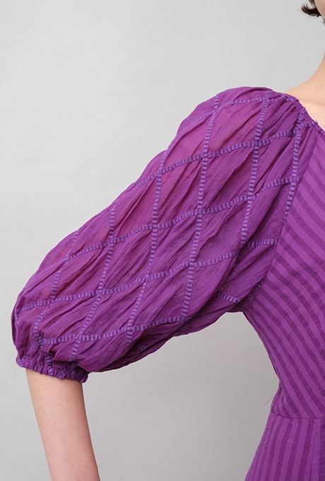 Embroidery Paff Sleeve Cotton Stripe Dobby Middle Dress