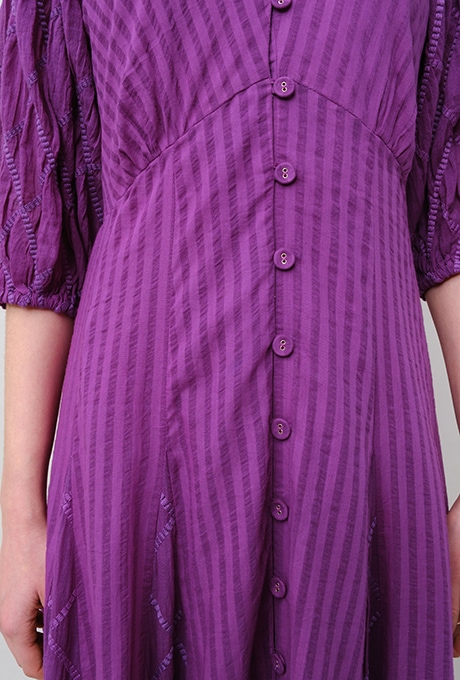 Embroidery Paff Sleeve Cotton Stripe Dobby Middle Dress