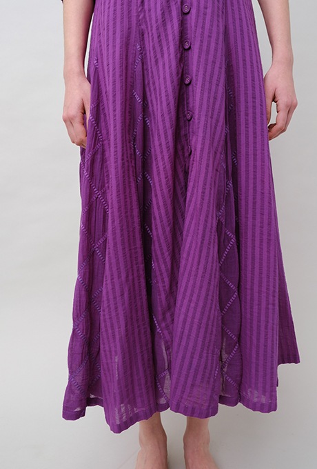 Embroidery Paff Sleeve Cotton Stripe Dobby Middle Dress